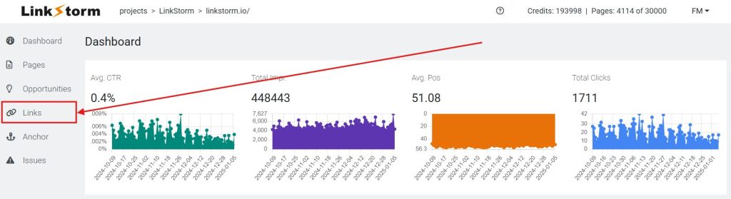 Screenshot of LinkStorm dashboard with arrow pointing to the Links tab