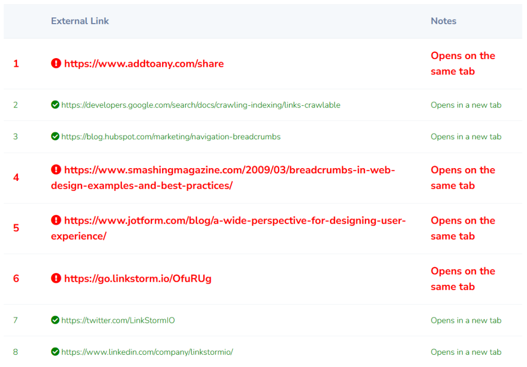 Screenshot of SEOGraphy external link analysis results