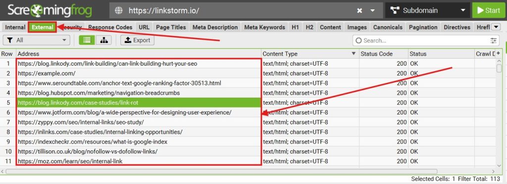 Screenshot of Screaming Frog External tab results