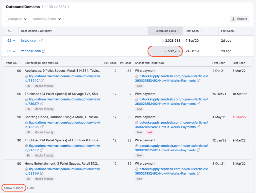 Screenshot of Semrush Outbound Domains interface 2.0