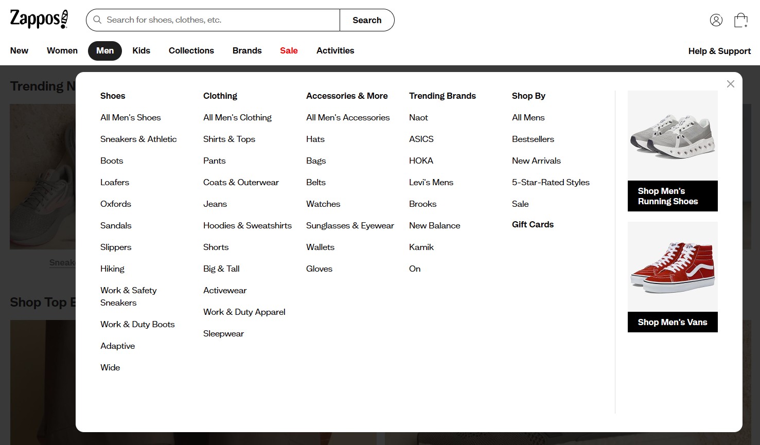 Screenshot of Zappos main navigation menu