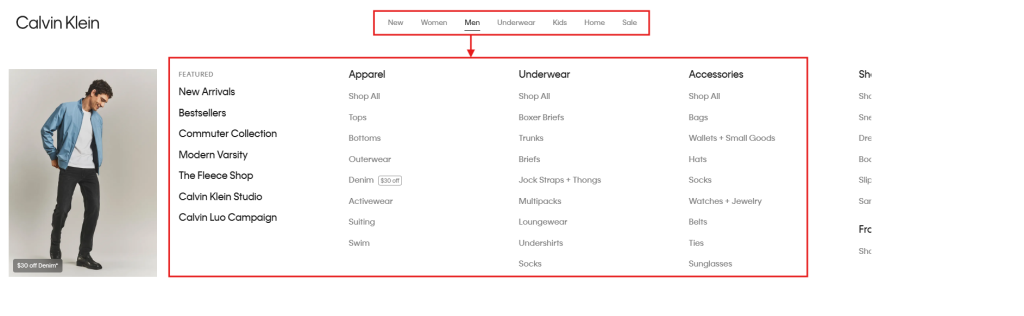 Calvin Klein Navigation Menu