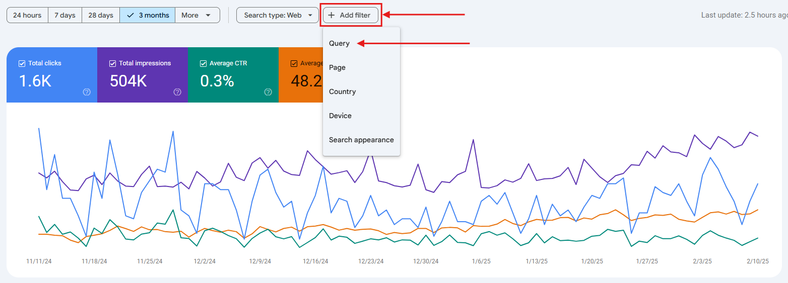 Screenshot of Add Filter and Query options on GSC