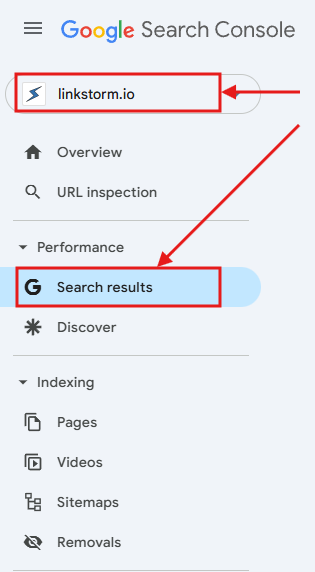 Screenshot of GSC Property and Search Results options