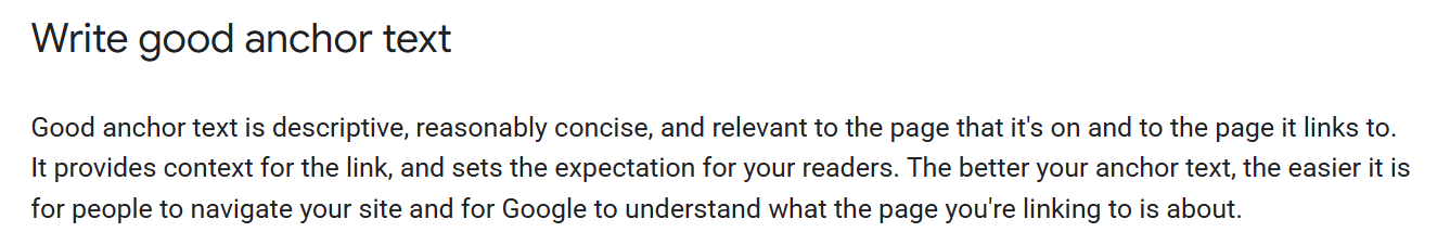 Screenshot of Google's content about how to write a good anchor text