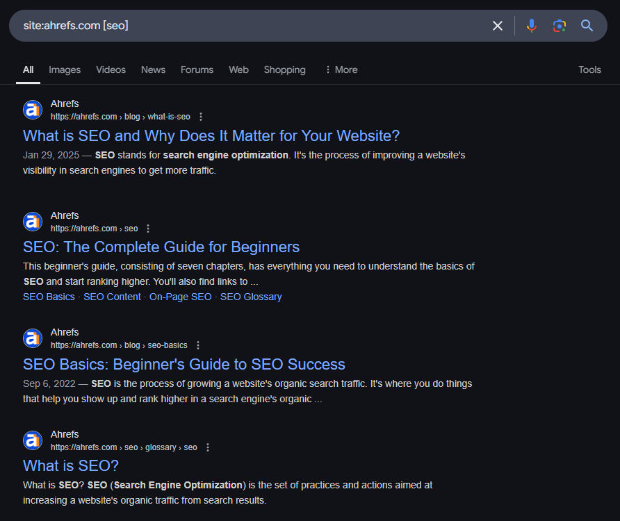 Screenshot of SERP results of Ahrefs pages targeting the keyword SEO