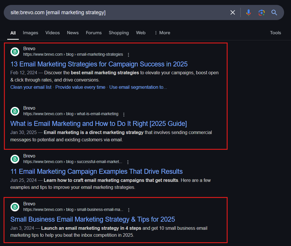 Screenshot of SERP results of Brevo pages targeting the keyword email marketing strategy