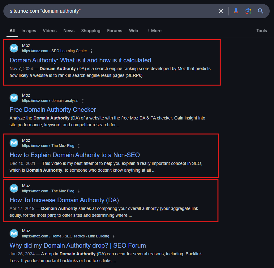 Screenshot of SERP results of Moz pages targeting the keyword domain authority