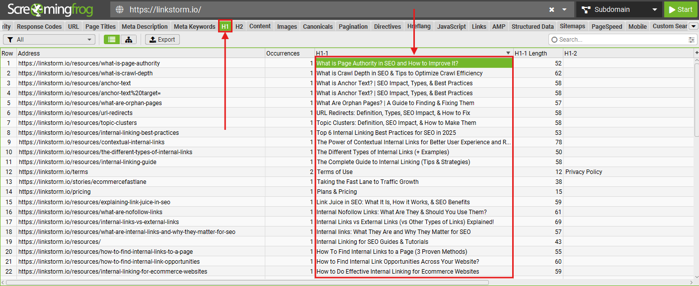 Screenshot of Screaming Frog list of H1