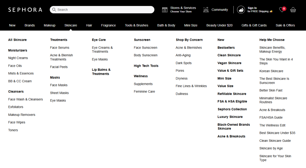 Sephora Navigation Menu